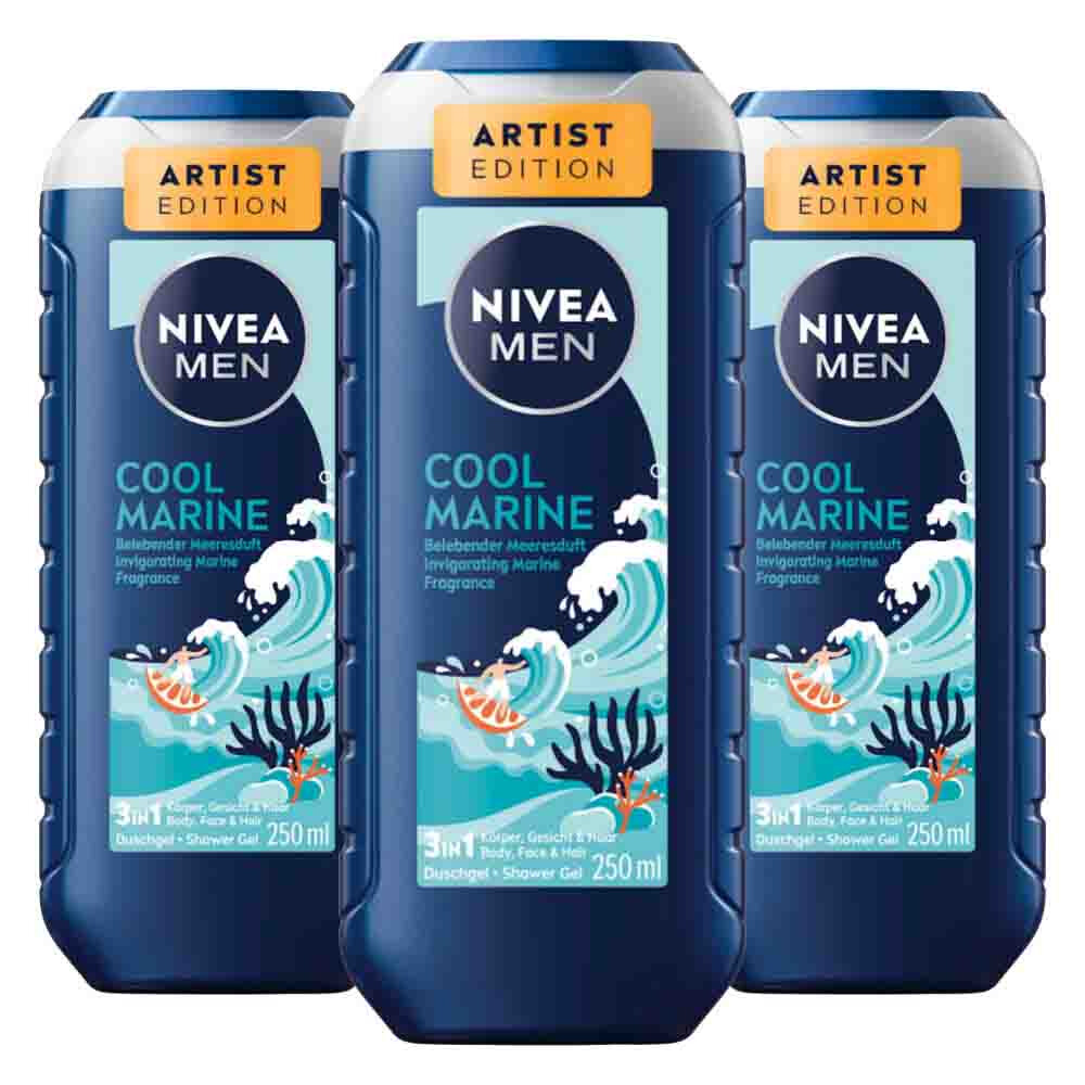 3x NIVEA Men Shampoo & Douchegel 3in1 Cool Marine 250 ml