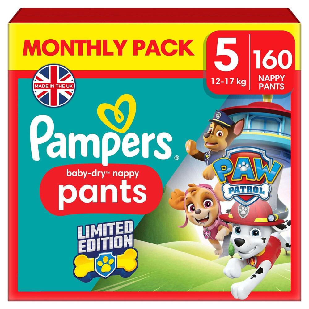Pampers Baby Pants Baby Dry Maat 5 Junior (12-17 kg) Limited Edition Paw Patrol, Maandbox, 160 luierbroekjes