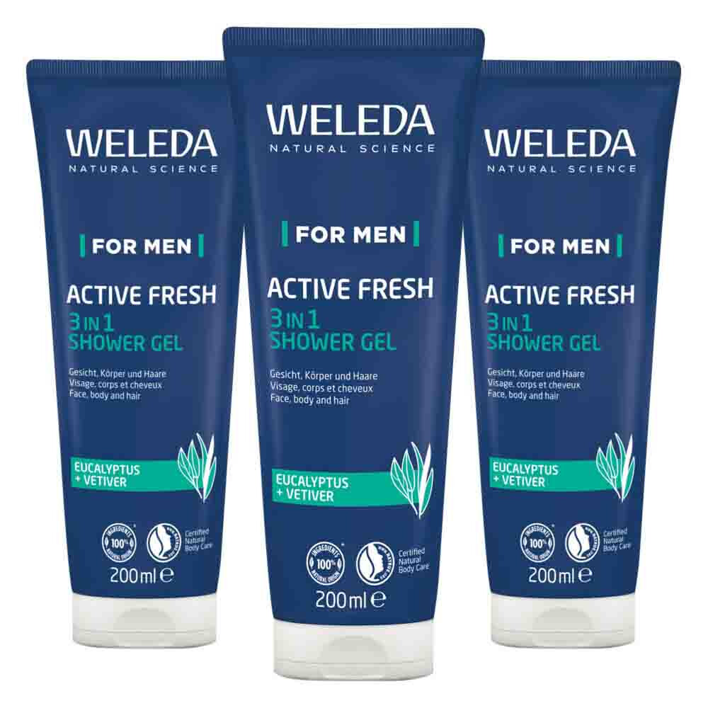 3x WELEDA Men Active Fresh 3 in 1 Douchegel 200 ml