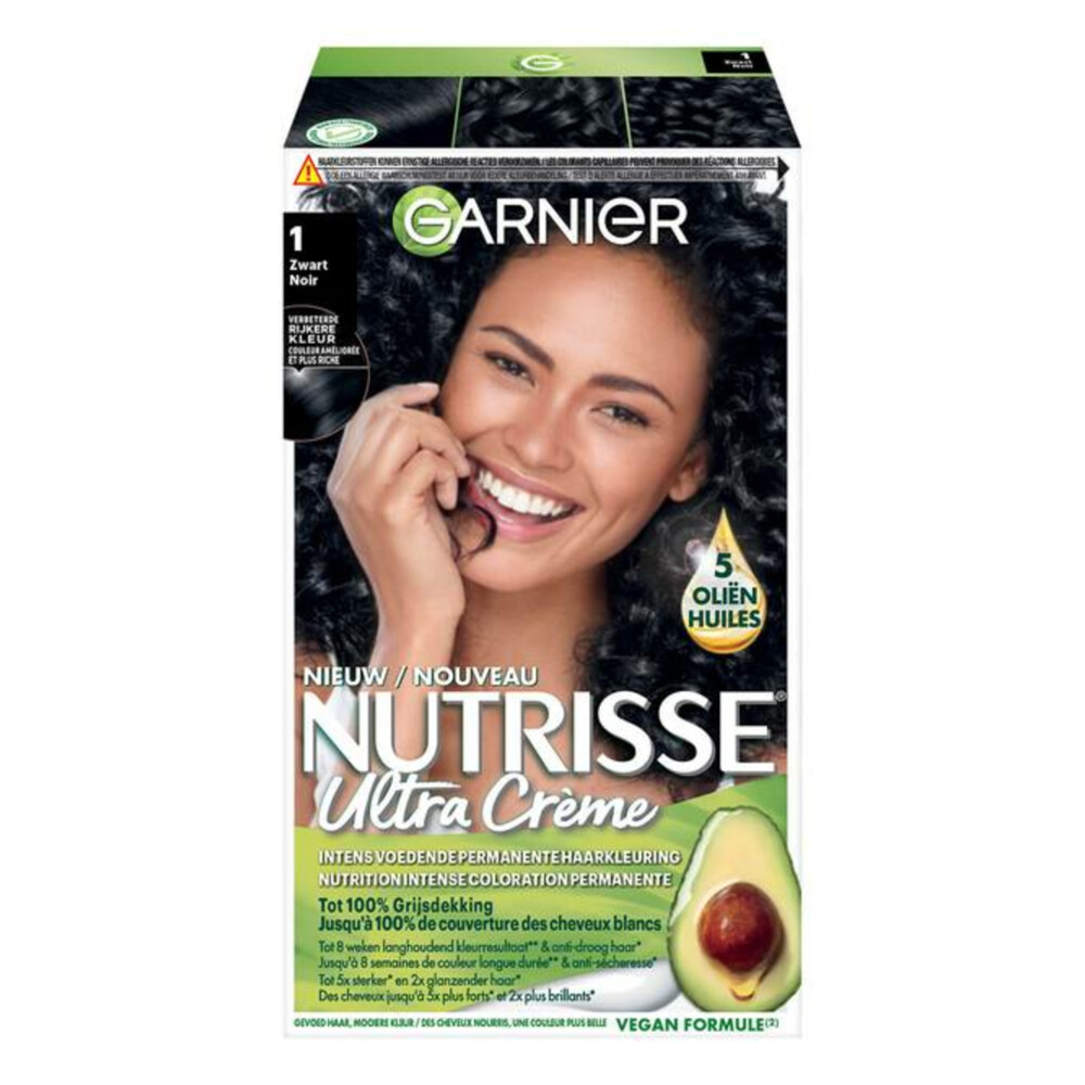 3x Garnier Nutrisse Ultra Crème Permanente Haarkleuring 1.0 Zwart Intens