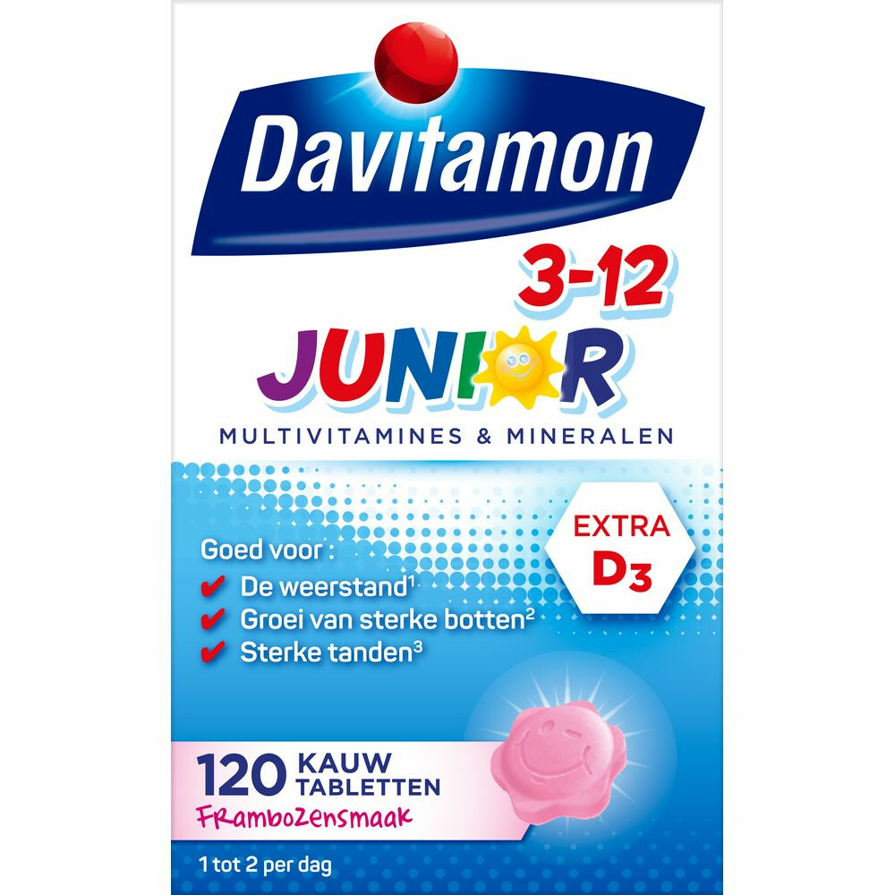 4x Davitamon Junior 3+ Kauwvitamines Framboos 120 kauwtabletten