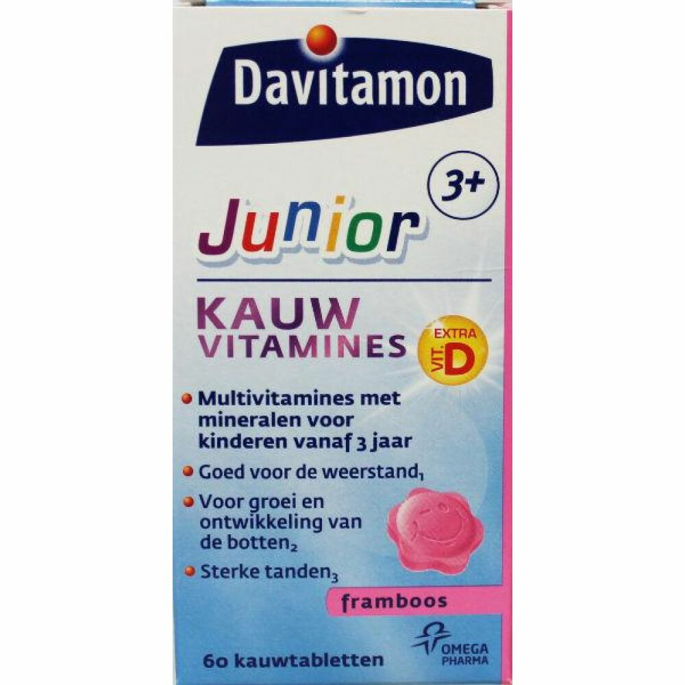 4x Davitamon Junior 3+ Kauwvitamines Framboos 60 kauwtabletten