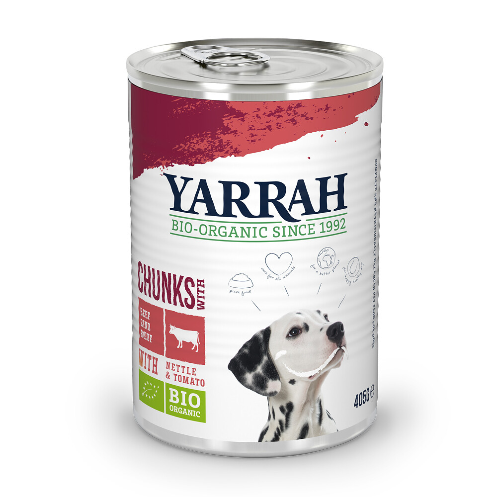 YARRAH DOG BLIK BROKJES VLEES IN SAUS MET BRANDNETEL EN TOMAAT HONDENVOER #95;_405 GR