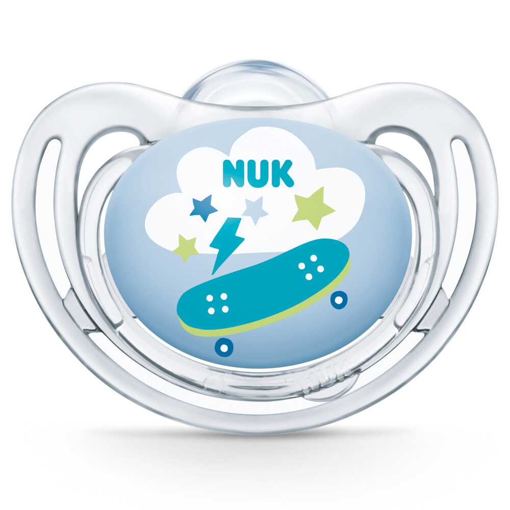 NUK Freestyle siliconen fopspeen, kaakvriendelijke vorm, 6-18 maanden NUK Freestyle siliconen fopspeen, kaakvriendelijke vorm, 6-18 maanden