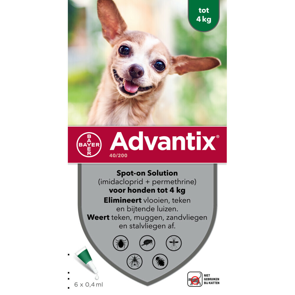 Advantix Spot On 40 Anti Vlooien en Teken Druppels Hond 0 - 4 kg 6 pipetten