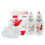 Dove Radiantly Refreshing Reviving Body Wash 225 ml + Ontspannende Body Wash 225 ml + Douche Puff