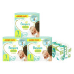 Premium Protection Jumbo Pack Maat 1 2-5 kg Maandbox 216 stuks en Pampers Billendoekjes Harmonie Aqua 15x48 =720 doekjes Pakket - 118.06 euro