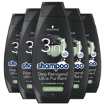 5x Schwarzkopf Men Shampoo 3 in 1 Hair-Body-Face Charcoal + Clay