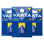 3x Varta Longlife Power Alkaline Batterijen 9V 565 mAh