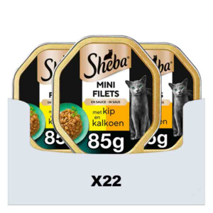 22x Sheba Mini Filets Adult Kattenvoer Natvoer Kip en Kalkoen in Saus Kuipjes