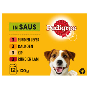 Pedigree Adult Hondenvoer Maaltijdzakjes Multipack Vlees & Gevogelte in Saus 12 x 100 gr