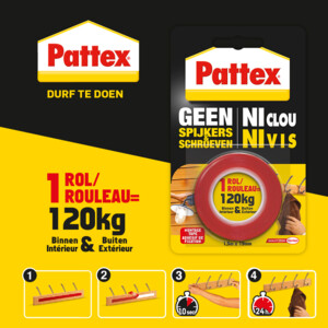 Pattex Geen Spijkers & Schroeven Montage Tape Binnen & Buiten 120 kg - 9.95 euro