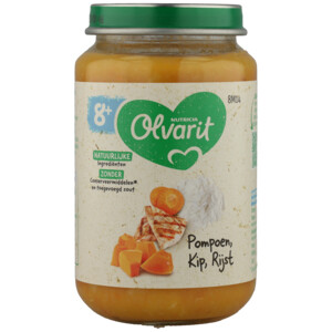 6x Olvarit Maaltijd 8+m Pompoen, Kip & Rijst - 12.17 euro