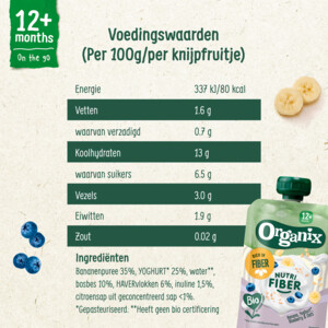 6x Organix Knijpfruit Nutri Fiber 12+m Banaan Blauwe Bes Yoghurt BIO - 9.91 euro