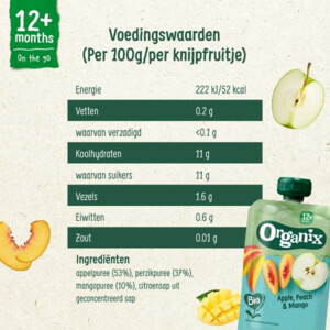 Organix Knijpfruit 12+m Appel, Perzik & Mango BIO - 1.49 euro