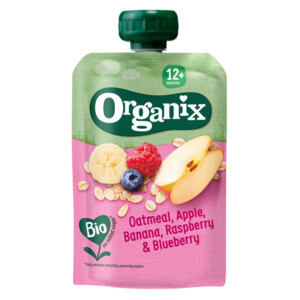 Organix Knijpfruit Maandbox 12+ mnd - Havermout Abrikoos & Banaan 12 x 100 gr + Haver Appel & Banaan 12 x 100 gr + Appel Aardbei & Quinoa 6 x 100 gr Pakket - 40.36 euro