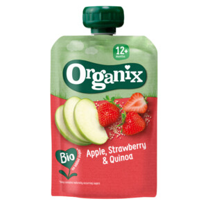 Organix Knijpfruit Maandbox 12+ mnd - Havermout Abrikoos & Banaan 12 x 100 gr + Haver Appel & Banaan 12 x 100 gr + Appel Aardbei & Quinoa 6 x 100 gr Pakket - 40.36 euro